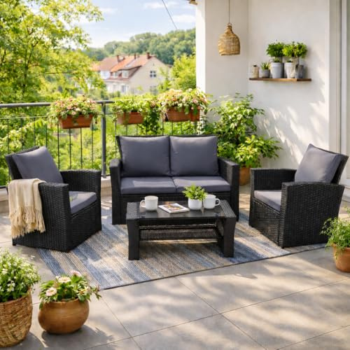 LANOX 4-Teiliges Poly Rattan Balkonmöbel Set mit Sofa und Couchtisch | Wetterfeste und UV-beständige Lounge Sitzgruppe für 4 Personen. Ideal für Balkon, Terrasse und Garten.
