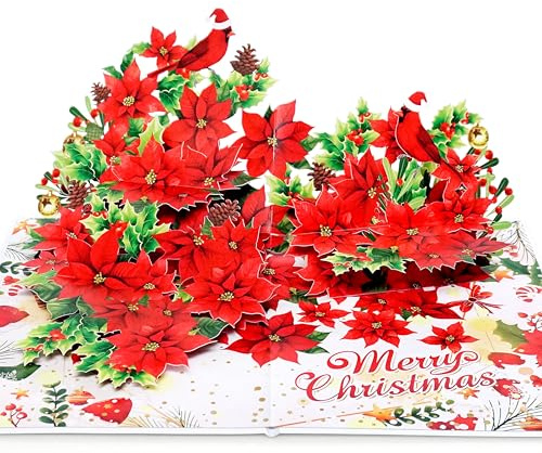 CUTPOPUP Exclusive Poinsettia Merry Christmas Cards 2025, Pop Up Christmas Cards w Envelope, 3D Xmas Card, Holiday Greeting Card Gifts for Her Him Wife Husband Family Son Mum Dad (L-Shape) US8-CN296UK