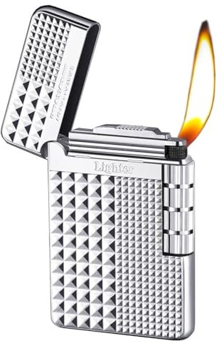 Accendino retrò Classico Vecchio Stile con Mola Regolabile, Accendino for sigari da Uomo in Metallo Ricaricabile, Accendino a Torcia a Gas butano Ricaricabile, Regalo da Uomo(Silver)