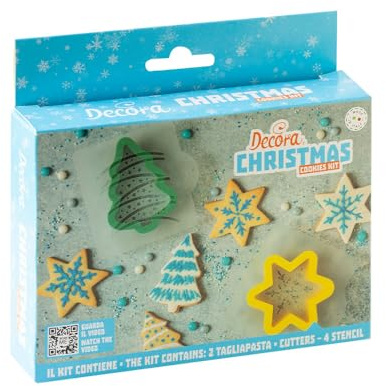 Decora, 0255232, Weihnachtsdekorationsset, 2 Ausstecher Tanne und Stern + 4 dekorative Schablonen, ideal für die Herstellung von dreidimensionalen dekorierten Keksen, Made in Italy, Packung mit 6