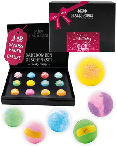 Hallingers Genuss Manufaktur Badebomben Valentinstagsgeschenk-Set - 12x Badekugeln Bath Bombs in edler Geschenkbox, Frauen Badeperlen-Wellness & Spa Zum Valentinstag, Valentintstag für Frauen Männer