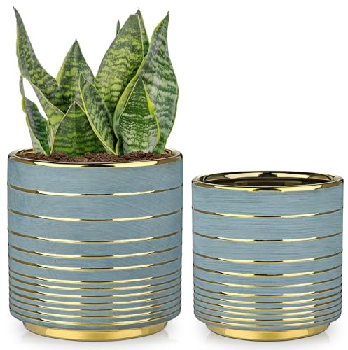 Hollyone 2er-Set Blumentopf mit Drainageloch Keramik Pflanzentöpfe Rund Übertöpfe für Zimmerpflanzen Sukkulenten Topf für Outdoor Garten Pflanzgefäße, Grau