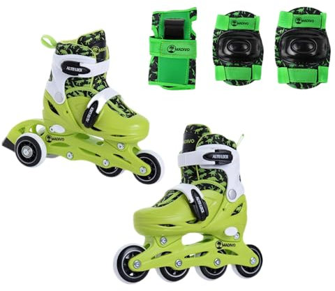 Madivo Dino Set 2in1 Inliner/Triskates VERSTELLBAR | ABEC-5 Rollschuhe | Inlineskates umbaubar zu Rollschuhe | Grün/Schwarz | Größen: 26-29, 30-33 (M (34-37) - Set MIT SCHONER)