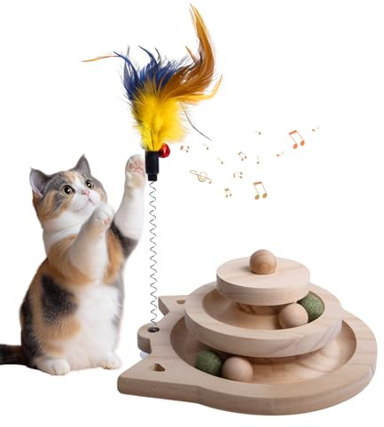 Vefhby Interaktives Katzenspielzeug Selbstbeschäftigung, Holz Katzenspielzeug Intelligenz Massivholz Katzen Spielzeug, Trainingsgerät Spiel Schienen Spielzeug für Katzen(3 runden Schienen)