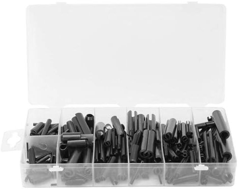 Kit di perni a molla cilindrici con intaglio da 315 pezzi Custodia di stoccaggio Dimensioni multiple Costruzione in acciaio per molle nero Applicazioni industriali meccaniche per