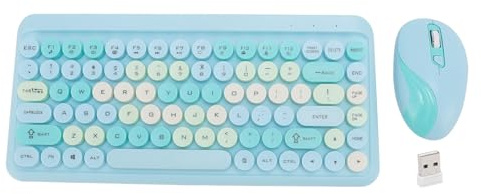 Wireless Keyboard and Mouse Combo, Retro Typewriter Keyboard with Round Keycaps, 1600 DPI USB Cute Mouse for Desktop Laptop and Computer (Misty Blue)