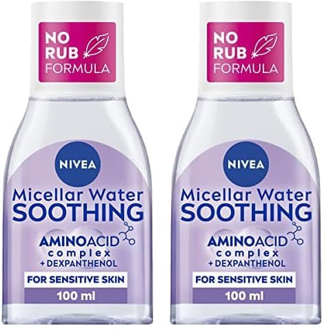 NIVEA Soothing Micellar Water (100ml), Perfume-Free Skin Cleanser and Make-up Remover with Amino Acid Complex + Dexpanthenol, Gently Cleanses and Hydrates with 0% Residue (Pack of 2)