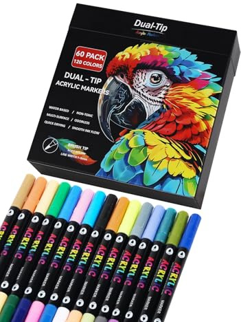 AEDAGA 120 Couleurs Feutre Acrylique, Acrylic Paint Marker à Double Pointe | Feutre Pinceau | Double Couleur | Séchage rapide | Non toxique | Waterproof | Acrylic Marker pour Pierres, Œufs, Bois, Verre