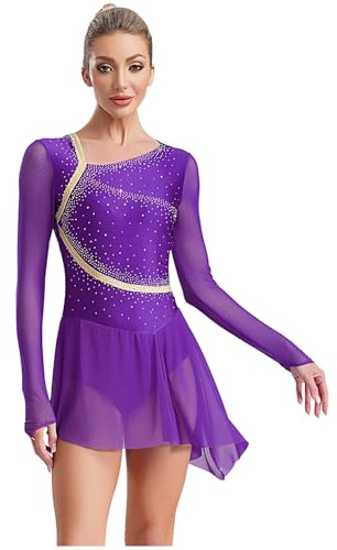 IEFIEL Vestido Patinaje Artístico de Manga Larga para Mujer con Pedrería Brillante Maillot Danza Lírica con Falda Ballet Gasa Disfraz de Bailarina Morado S