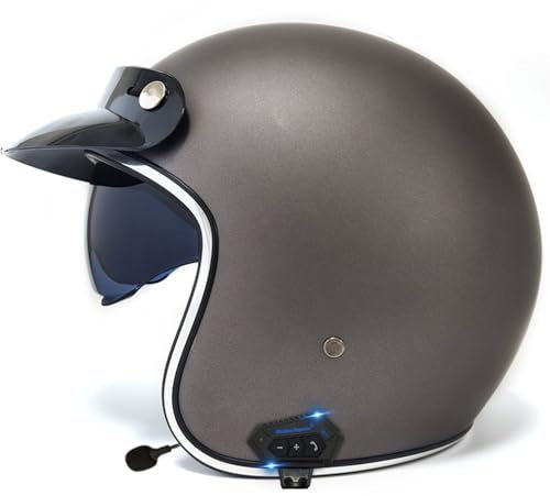VVPEC Bluetooth Vintage Casque De Moto Jet pour Homme Et Femme avec Anti Scratch Visiere Portable Casque Moto Bols ECEDOT Homologué Face Ouverte Casque Mobylette Adulte Demi Casque(8,S=55~56cm)
