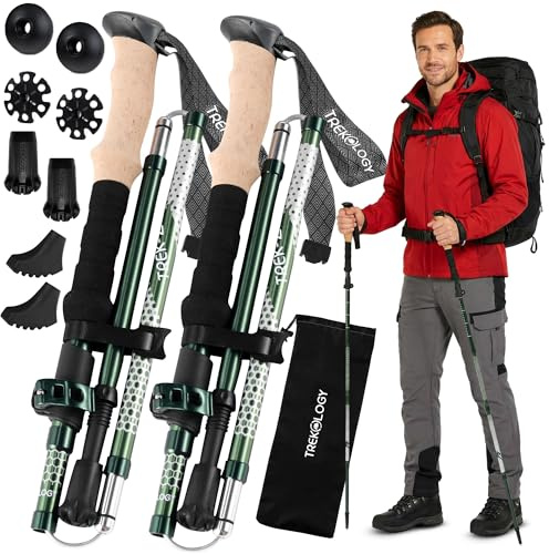 Trekology Trek-Z Collapsible Hiking & Trekking Poles - Balance Support for Seniors, Women, and Men, 2pc Per Set (Trek-Z Green, 100-120cm for Height: 4’11 to 5’10”)