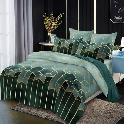 Freyamy Marmor Bettwäsche 200x220cm Grün Geometrische Kariert Wendebettwäsche Modern Microfaser Doppelbett Bettbezug mit Reißverschluss und 2 Kissenbezug 80x80cm
