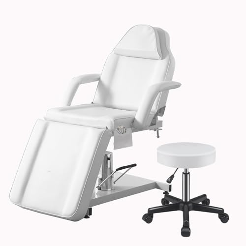 LSLIFE Hydraulischer Massagetisch mit Drehfunktion - Verstellbares 3-Segment-Behandlungsliege mit Hocker für Salon, Spa, Tattoostudio (Weiß)