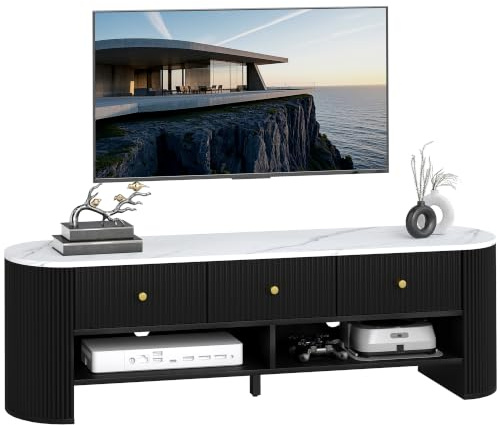HOMCOM Meuble TV 140 cm pour Téléviseur 32-65 Pouces Noir | Meuble Télé, Effet Marbre, 3 Tiroirs Façades à Cannelures, 2 Étagères Ouvertes, 2 Trous pour Câbles, Banc TV Moderne