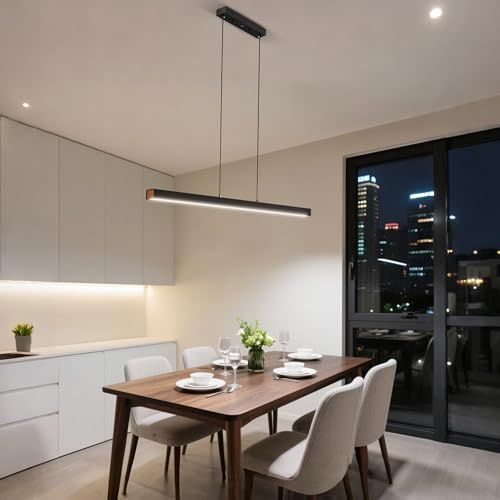 UISEBRT Moderne Pendelleuchte Schwarz 150cm, LED Hängeleuchte Hängend für Wohnzimmer, Deckenlampe Hängend 60W, Höhenverstellbar bis 115cm, Esszimmerlampe, Linear Design - Kaltes Licht