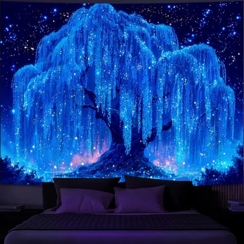 Simpkeely Blacklight Sternennacht Baum Wandteppich, UV reaktive Neon Weidenbaum des Lebens Wandhängung, Leuchtet im Dunkeln Galaxie Mystische Wandkunst für Schlafzimmer, Wohnzimmer - 150 x 200 cm