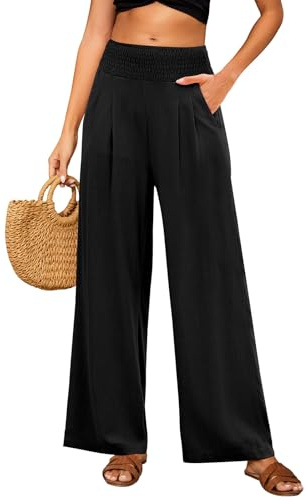 PASUDA Pantaloni Lino Donna Estivi Pantaloni Elastico Vita Alta Larghi Eleganti Pantalone Casual da Spiaggia Comodi Leggeri con Tasche (Nero, M)