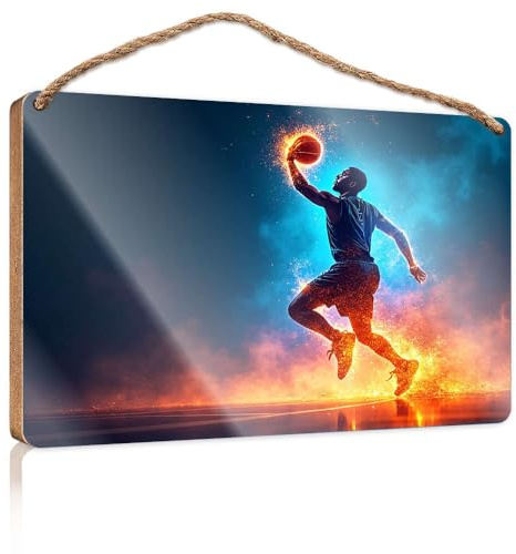 Home Door Hanging A Basketball Player in Mid-Air Wooded Sign Signs for Front Door Front Porch Decor(20X30CM)