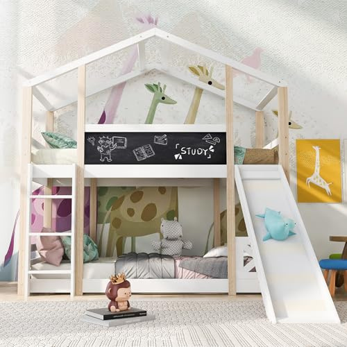 HaoChrymec Lit en Bois Massif pour Enfant 90 x 200 cm avec Toboggan et Échelle, Lit Mezzanine avec 2X Sommier, Style Naturel et Blanc