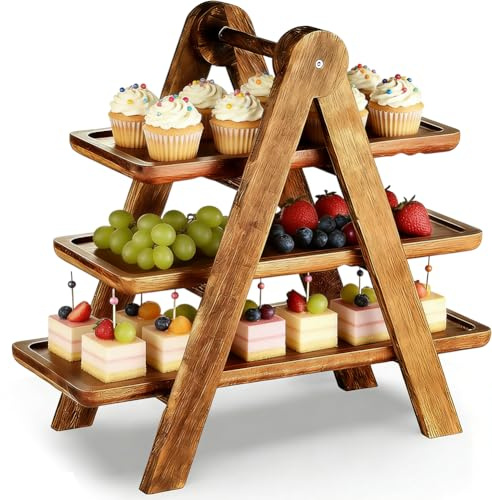 Holz Etagere Groß 3 Etagen, 43x42x17cm Rechteckiges Klappbares Buffet Serviergestell, Gestuftes Tablett aus Holz, Ideal als Servierständer und Tortenständer für Cupcake, Kuchen, Muffin, Snacks, Torten