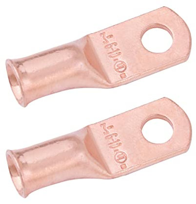 SELTERM 6 AWG (16 mm²) - # 10 (M5) ⌀ Hole UL Heavy Duty Wire Lugs, Battery Cable Ends, Bare Copper Eyelets, Tubular Ring Terminal Connectors [B15] - 2 Pack