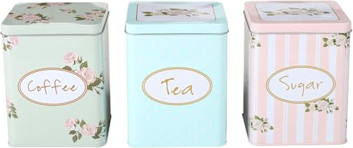 CrazyGadget® 3PC Square Tea Sugar & Coffee Canisters - Metal Vintage Style Floral Shabby Chic Kitchen Storage 15cm Tall 11cm Diameter Attractive Soft Pastel Green Blue & Peach Tones.