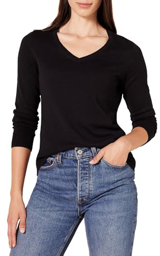Amazon Essentials Damen Regular-Fit Leichter Langarm-Pullover V-Ausschnitt (In Übergröße Erhältlich), Schwarz, XL