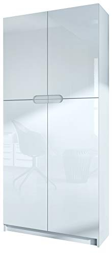 Vladon Büroschrank Logan V1, Made in Germany, Aktenschrank mit 5 Fächern und 4 Türen, Weiß matt/Weiß Hochglanz (82 x 185 x 37 cm)