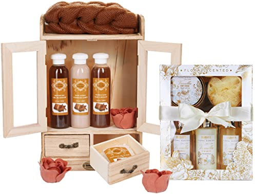 BRUBAKER Cosmetics 2 in 1 Pflegeset Schokolade & Vanilla Rose Minze - Großes 15-teiliges Wellness Set - Damen Dusch- und Badeset - Frauen Beauty Geschenkset mit Deko Holzschrank