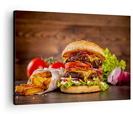 ARTTOR Bilder auf Leinwand 70x50cm Wandbild Küche - 3795 | Hamburger Sandwich Klein Wanddekoration Wohnzimmer Schlafzimmer Küche Wanddeko Wand Kunstdruck Wandkunst Wall Decor ARTTOR