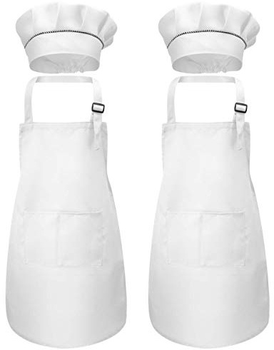 Disino 4 Stück Kinder Schürze und Kochmütze Set, Kinder Verstellbare Kochschürze mit 2 Taschen für Jungen Mädchen, Kind Küchenschürzen für Küche Kochen Malerei Backen (7-13 Jahre)