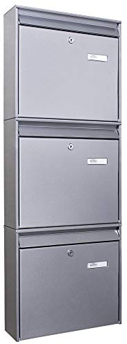 banjado Burg-Wächter Briefkastenanlage - Briefkasten 3 Parteien - Briefkästen Silber - Postkasten Mehrfamilienhaus - Briefkasten XXL mit Namensschild