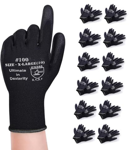 Donfri 12 Pairs Safety Work Gloves - PU Coated Non-Slip Gardening Size XL | EN388 3131 Certified, 13-Gauge Knit, Touchscreen, Elastic Cuffs. Ideal for Precision Assembly, Handling, Warehouse & DIY
