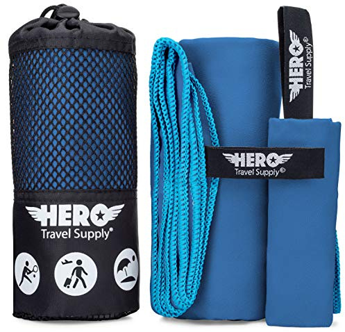 Hero Microfiber Travel Towel (24x48”) Quick Dry, Lightweight, & Compact for Beach, Camping, Gym & Hiking. Fast Drying Microfiber Beach Towel with Bonus Washcloth + Carry Pouch