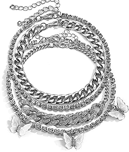 HaHaGirl Layered Butterfly Anklet for Women Charms Butterfly Silver Plate Rhinestone Cuban Anklets Adjustable Anklet for Summer Beach