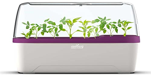 Romberg BoQube L Plus Mini Gewächshaus Anzuchtset & Pflanzkasten mit 10 selbstbewässernden Pflanzzellen und Bewässerungssystem, Zimmergewächshaus für Indoor Kräutergarten, 41×17×23, Weiß - Pflaume