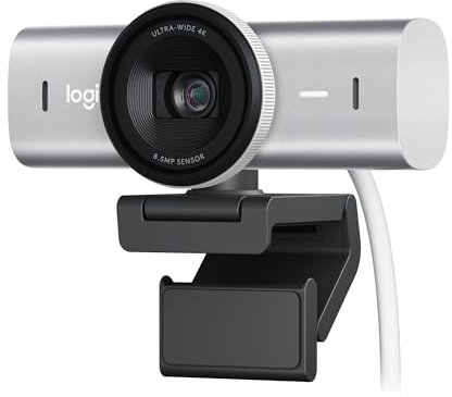 Logitech MX Brio Ultra HD 4K Collaboration and Streaming Webcam, 1080p at 60 FPS, Dual Noise Reducing Mics, Show Mode, USB-C, Webcam Cover, Works with Microsoft Teams, Zoom, Google Meet - Pale Grey