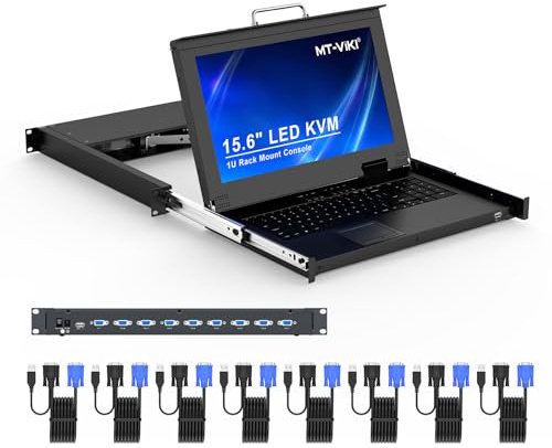 MT-VIKI Rack Mount KVM w/15.6 LCD Monitor, 8 Port VGA KVM Switch, 1080@60Hz 1U Integrated Monitor Keyboard, Fits 18.9 to 31.5 Deep Racks (480-800mm), Included 8 Cables for Server Room, Data Center