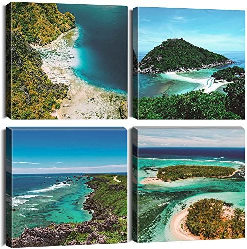 Sungeek 4 Pièces Impression sur Toile 30x30cm Cadre Moderne Image sur Toile pour Chambre Bain Salon Cuisine Peinture Tableau pour Art Déco Murale (Vue Sur la Mer)