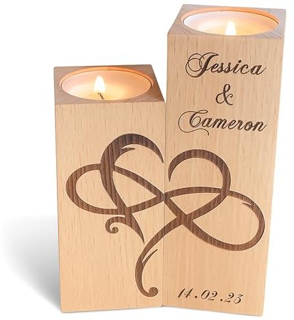 Personalisierter Holz-Teelichthalter Infinity Herz im 2er-Set | Mit Namen und Datum graviertes Teelichthalter-Set als Geschenk zur Hochzeit, zum Jahrestag oder Valentinstag
