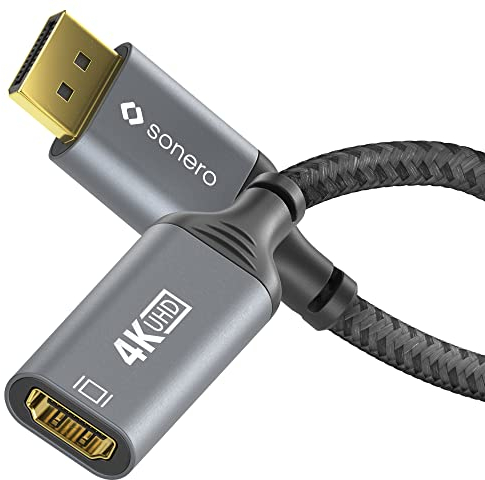 Adattatore Sonero® 4K DisplayPort 1.2 a HDMI 2.0, spina DisplayPort a presa HDMI, 4K 60Hz, 2K 120Hz, rivestimento in cotone, grigio/nero, 0,10 metri