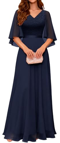 DRESSTELLS Festliche Abendkleider Damen Hochzeit Ballkleid Elegant Lang Brautkleid Standesamt Chiffon Cape Ärmel Maxi Cocktailkleid Festliches Partykleid