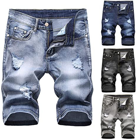 Herren Jeans Shorts Kurze Hose Sommer Bermuda Stretch Sweathose Männer Vogue Mode Hot Mens Ripped Kurz Jeanshose Loch Bermuda Casual Denim Shorts