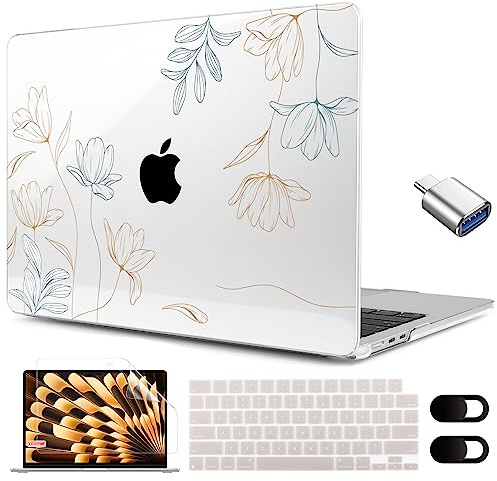 MEEgoodo Für M5/M4/M3/M2 MacBook Air 15 Zoll Hülle 2026 2025 2024 2023, Hülle Fit Modell (A3448/A3241/A3114/A2941) für MacBook Air 15,4 Zoll, Gravur Floral