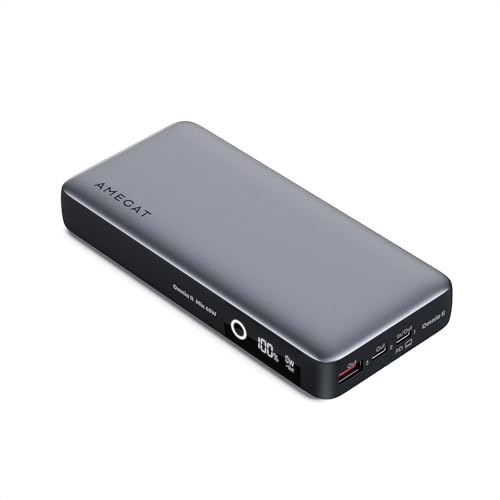 AMEGAT Power Bank 65 W, 20000 mAh, batería externa USB C de entrada y salida de 3 puertos, pantalla digital, 65 W de carga rápida, para portátiles, tabletas, smartphones, auriculares y más