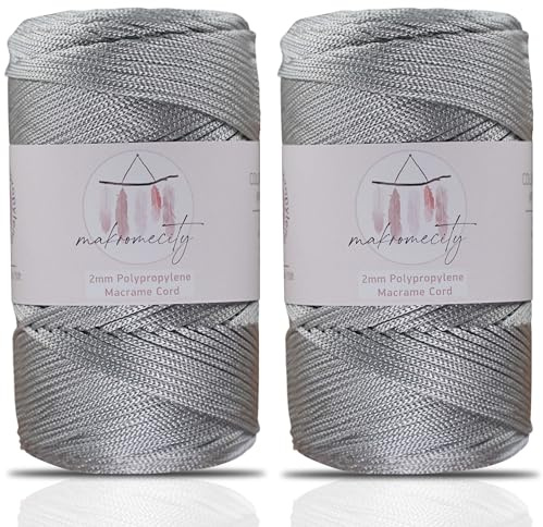 Makromecity Makramee Garn 2mm x 230m Premium Polyester Macrame Cord Polypropylene Yarn für Handwerk Wohndekorationen Platzteller Umhängetasche Handtasche Runner (Light Grau, 2 Strang)