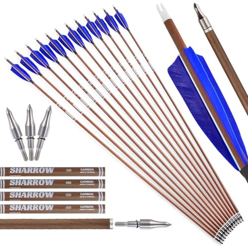 surwolf 32 Bogenschießen Reine Carbonpfeile, Zielpfeile, Spine 340,400,500,600, Jagdpfeile für Compound und Recurvebogen 6 & 12 Stück（blau，spine600-12pcs）