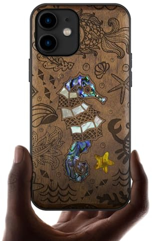 Carveit Etui pour iPhone 11 de Coque [Bois et Incrustation de Coquille] Souple TPU de Téléphone Compatible avec Apple 11 Étui (Noyer-Le Monde sous-Marin)