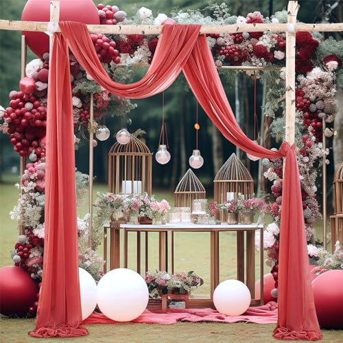 FANSU Vorhang Hochzeitsbogen, Deko Vorhang Hochzeit Querbehang Freihanddeko Querbehang Deko Gardinen Chiffon Tüll Stoff für Dekoration Torbogen Party (2.4x18ft/75x550cm,Rot)