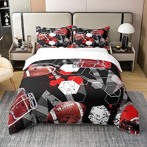 Homemissing Football 100% Coton Housse de Couette 220x240cm Géométrique Parure de lit Coton nid d'abeille Parure de lit Jeu de Football Sport Literie Set Géométrique Gris Rouge Blanc Literie Combo